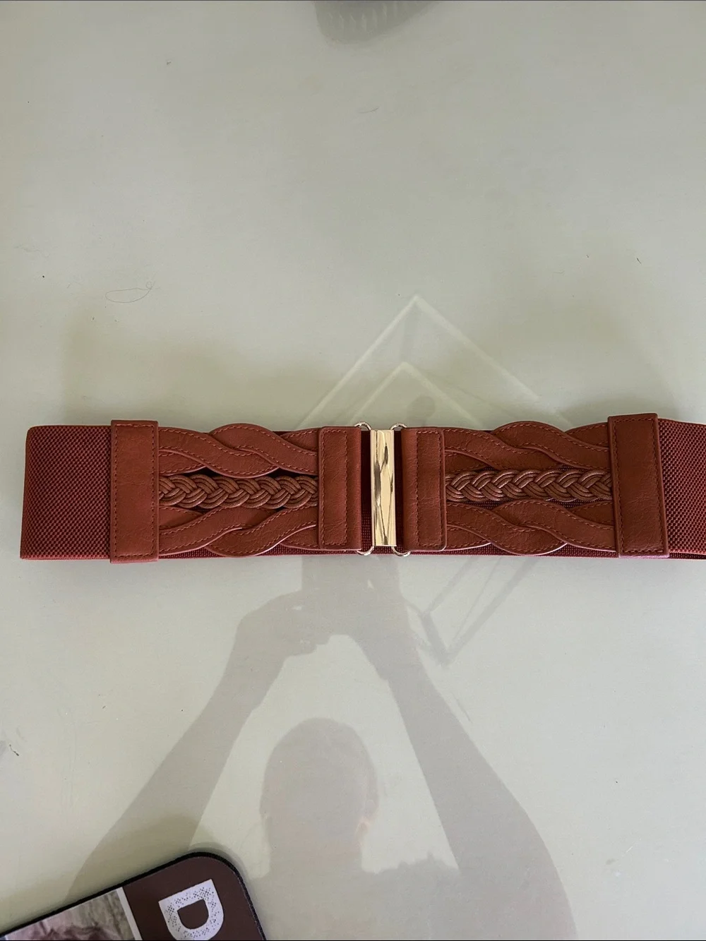 Braided Elastic Waist Belt in Light Brown with Gold Buckle